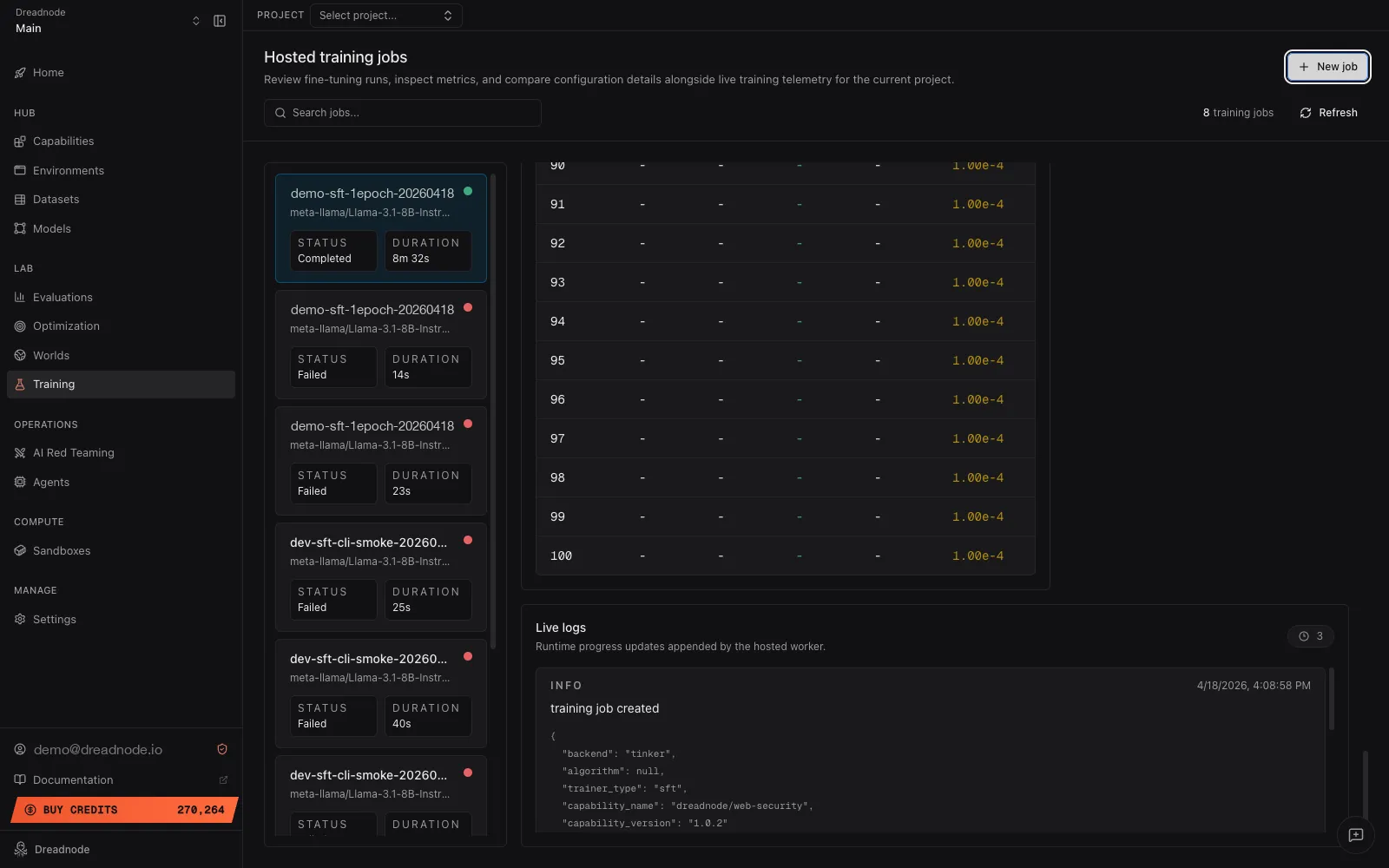 Live logs panel showing a training-job-created event with structured data