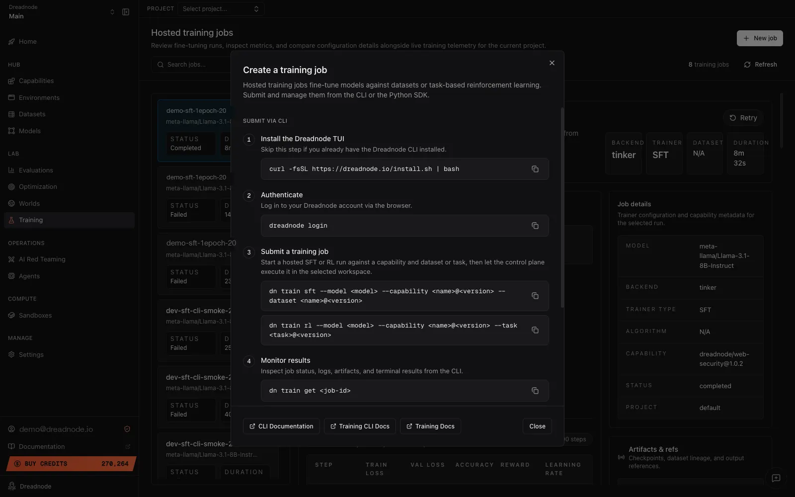 Create a training job modal showing the four CLI steps