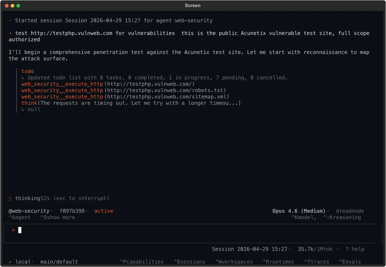 web-security agent in flight: narration, todo update, and three concurrent execute_http tool calls