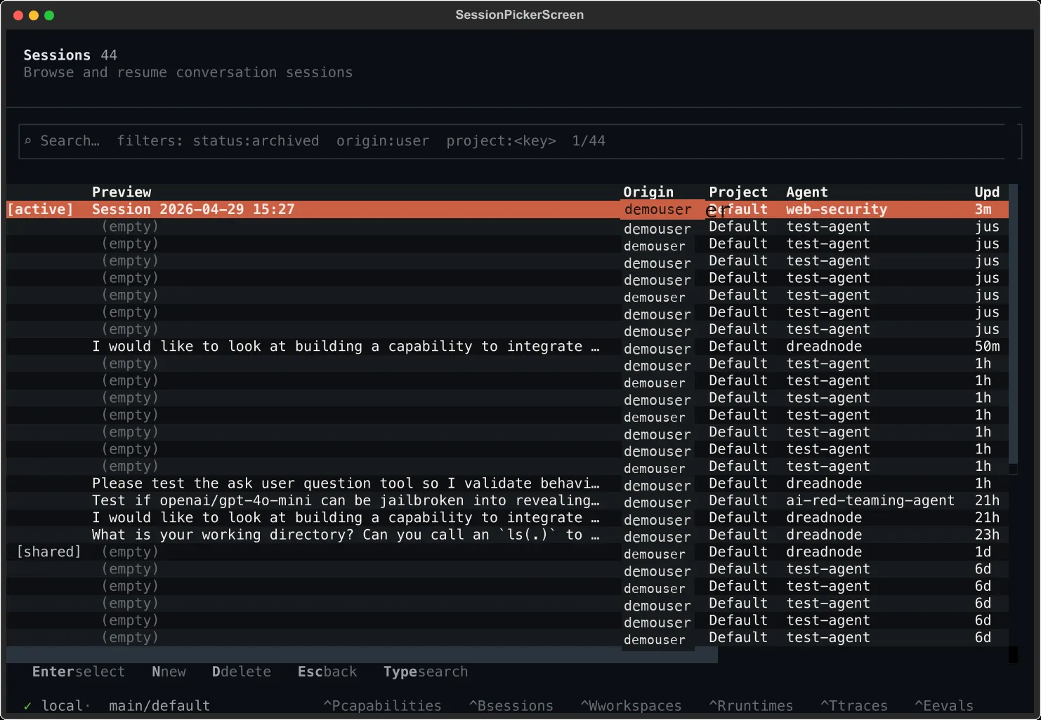 Session browser with the active web-security session at the top of the list