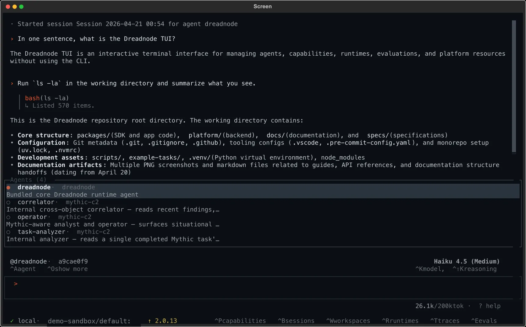 The agent dialog overlay listing the built-in dreadnode agent and three agents contributed by an installed capability.
