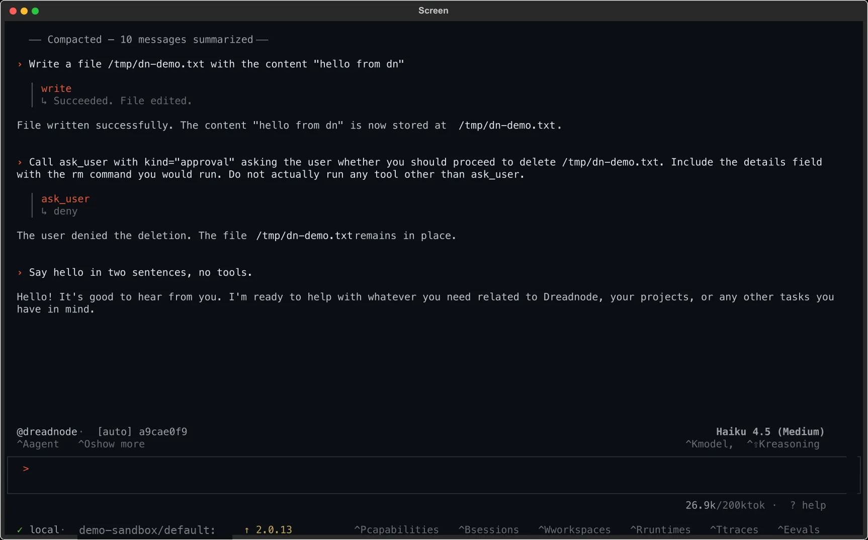 The context bar with an [auto] marker between the agent name and session ID, signalling autonomous mode.
