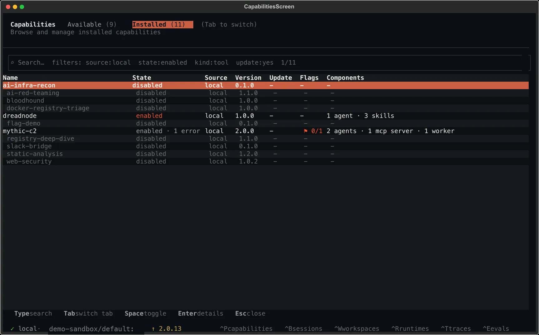 TUI capability manager — installed tab with live state